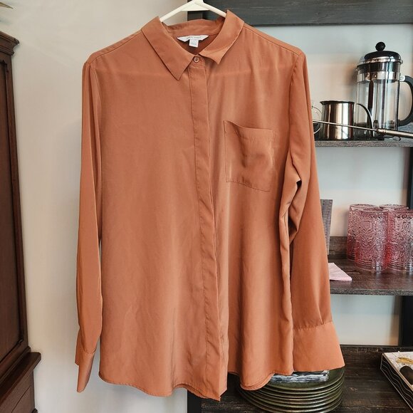 Classy Nine West Shiny Button Down Dress Shirt Top Coral Orange Pastel Large - Picture 1 of 10